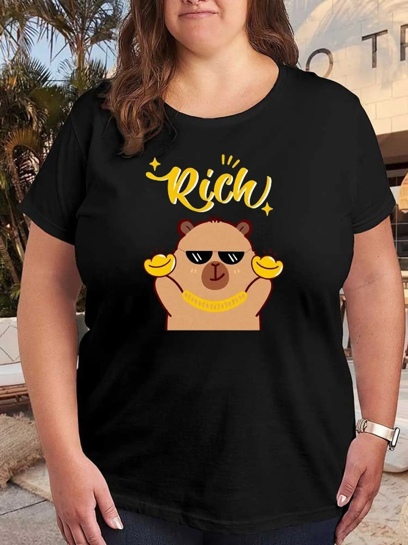 Cute Rich Bear Graphic T-Shirt Women Fashion Casual Stretchy Tee Plus Size Short Sleeve O-Neck Soft Cotton Summer Tops Clothes
