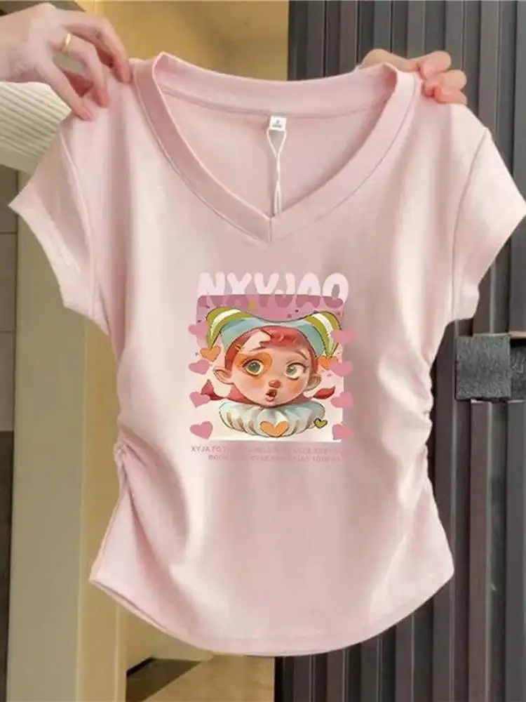 Slim Fit Short Sleeve V-Neck T-Shirt Women's Style Pink Dopaamine Shoulder High Waist Gathered Hem Summer Fashion Trend
