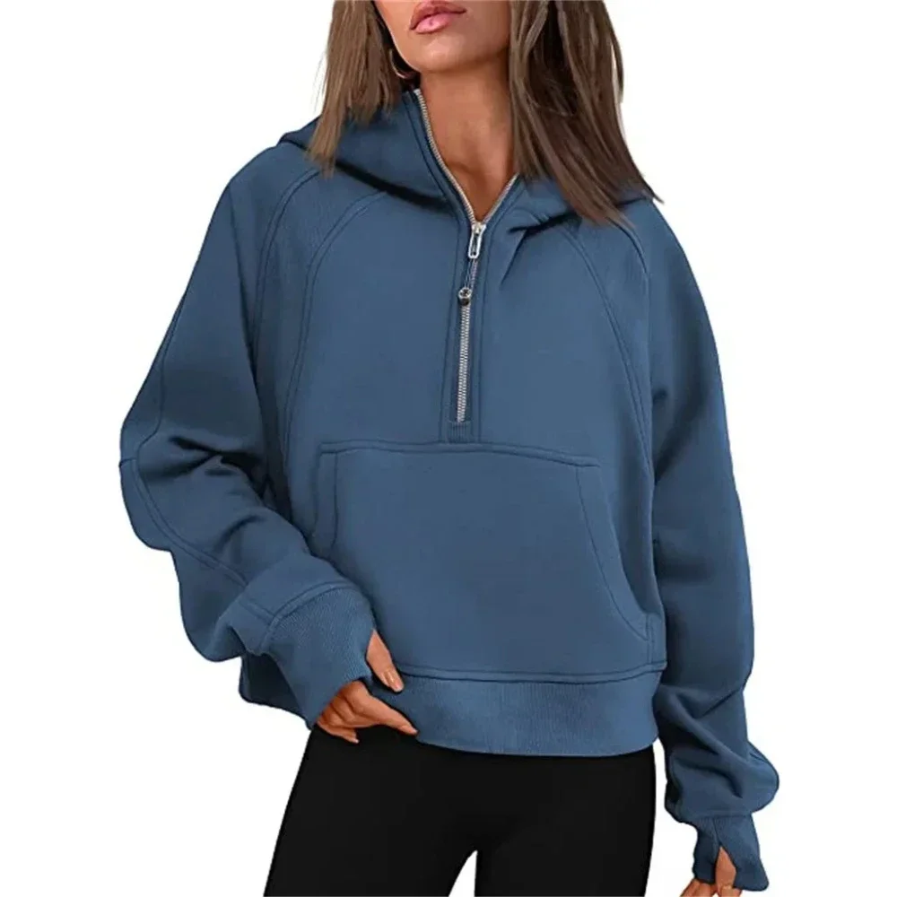 New Autumn Half Zipper Fleece Warm Hoodies Women Solid Casual Loose Short Sweatshirts Thumb Hole Stand Collar Hooded Pullovers