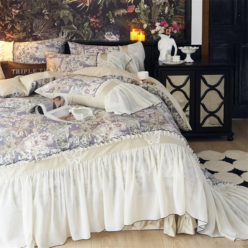 Vintage French Style Lace Ruffles With Butterfly Decoration Egyptian Cotton Bedding Set Quilt/Duvet Cover Bed Sheet Pillowcases