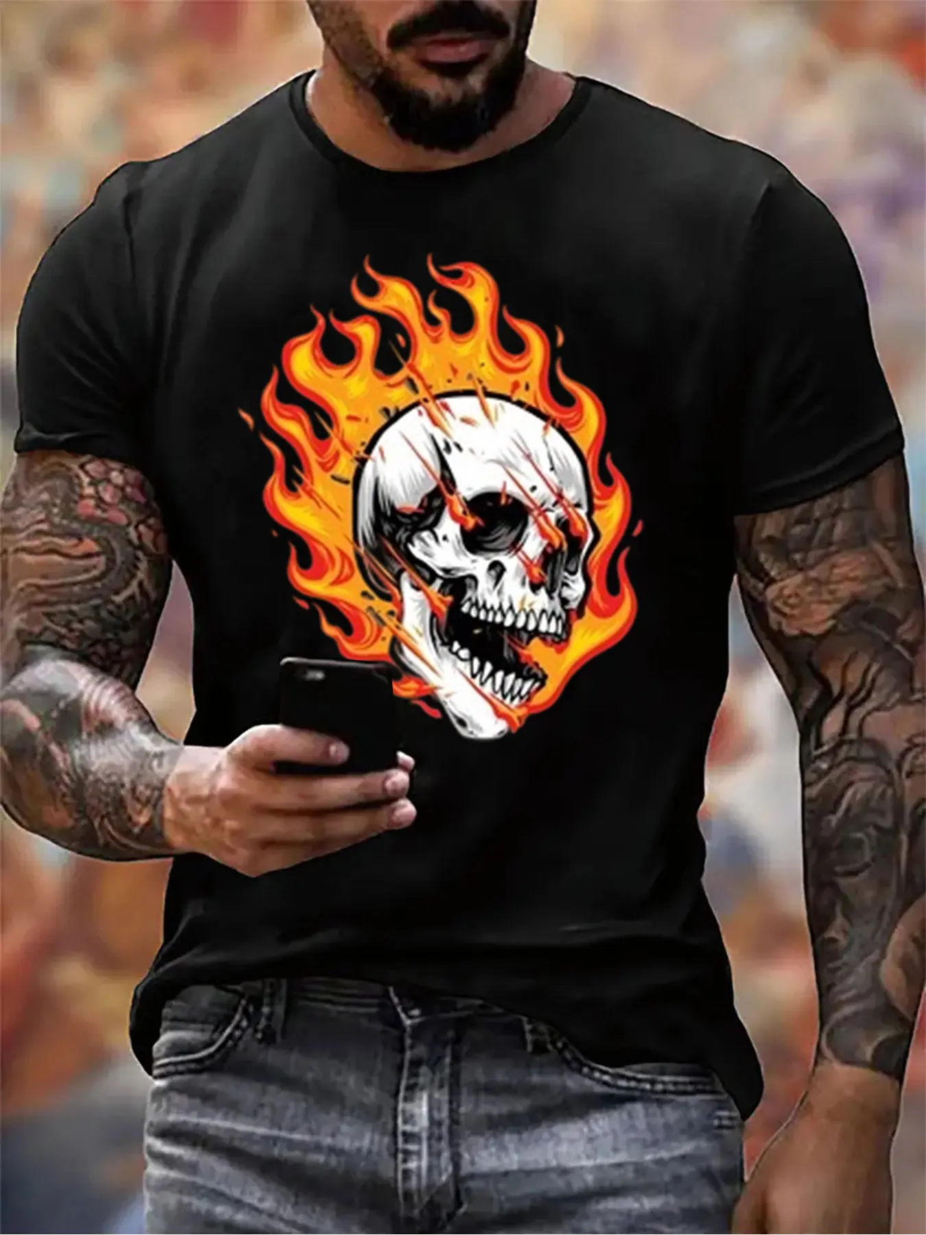 

Мужская хлопковая футболка с принтом пылающего черепа, мягкая повседневная рубашка с круглым вырезом, которую можно стирать в машине, подарок на Хэллоуин для активного отдыха