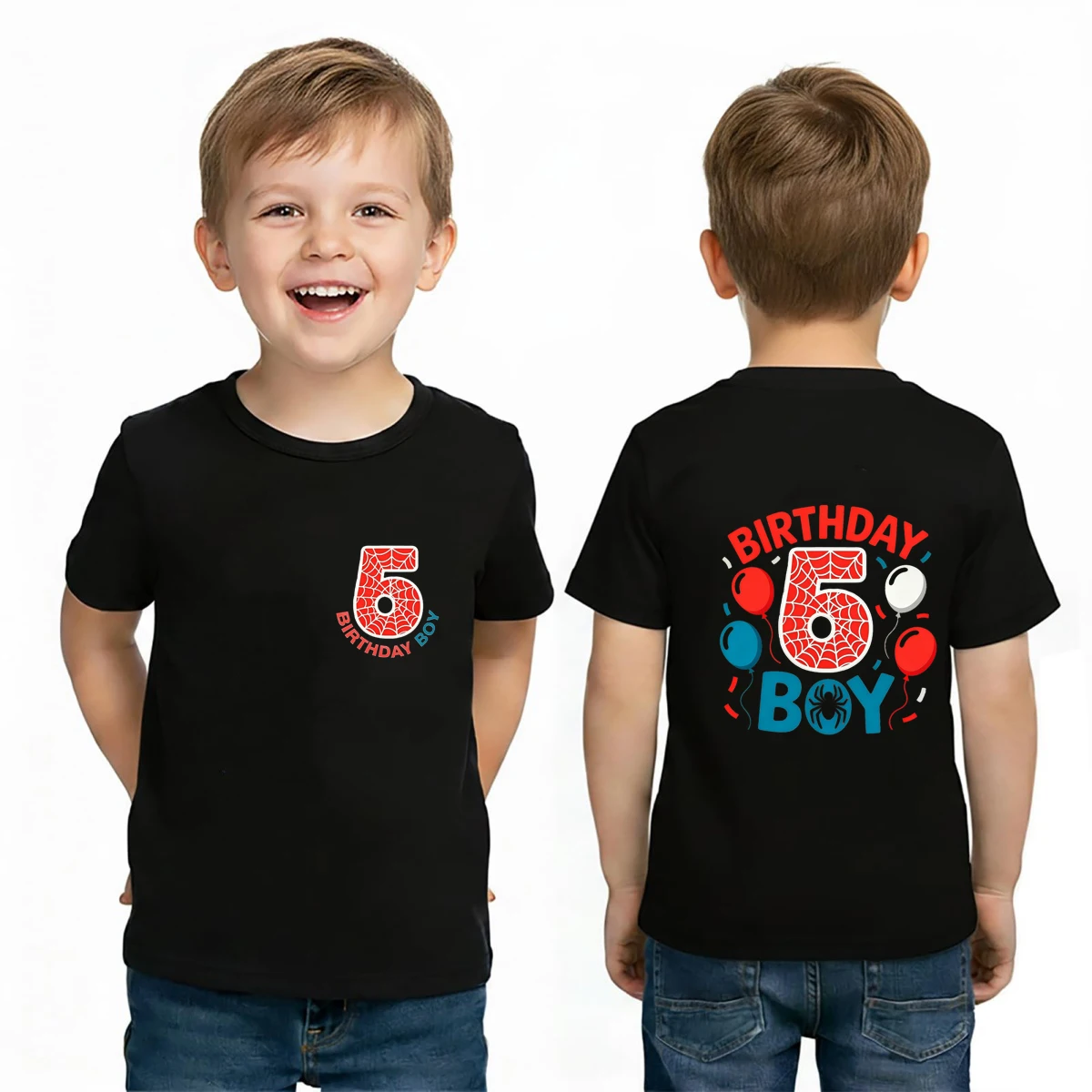 Funny colorful balloons red spider weband front and back birthday number print boys tshirt cute kids birthday party gift tees