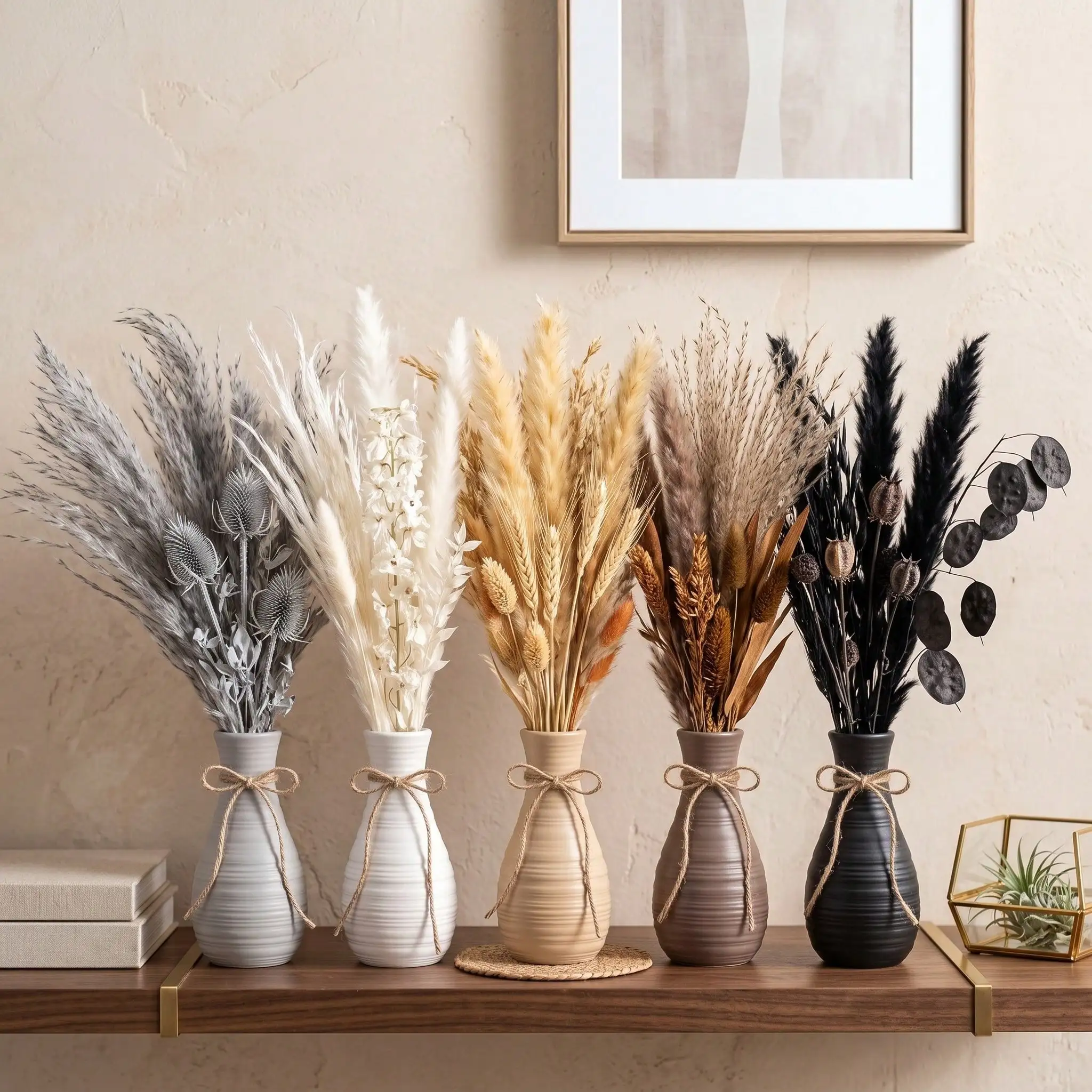 1pc Boho Horizontal Ridged Waisted Flower Vase with Jute Bow for Pampas Grass Dried Flowers Home Living Bedroom Office Wedding P