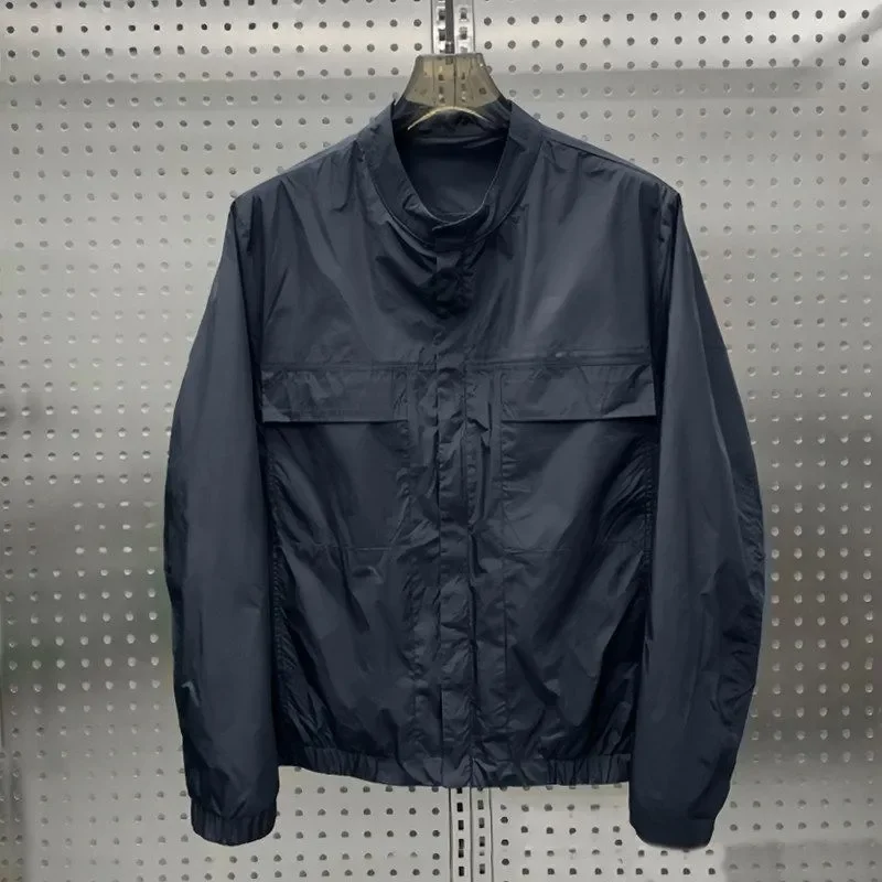 Men's Spring‑Autumn Black Baseball‑Collar Cargo Jacket Slim‑Fit Minimal‑Design Street‑Style Casual Outerwear For Daily Outdoor