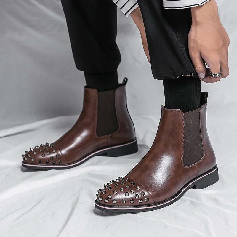 High Quality Vintage Italy Men Boots Pointed Mixed Rivets Ankle Boots Leather Elastic Side Design Chelsea Boots Shoes for Men