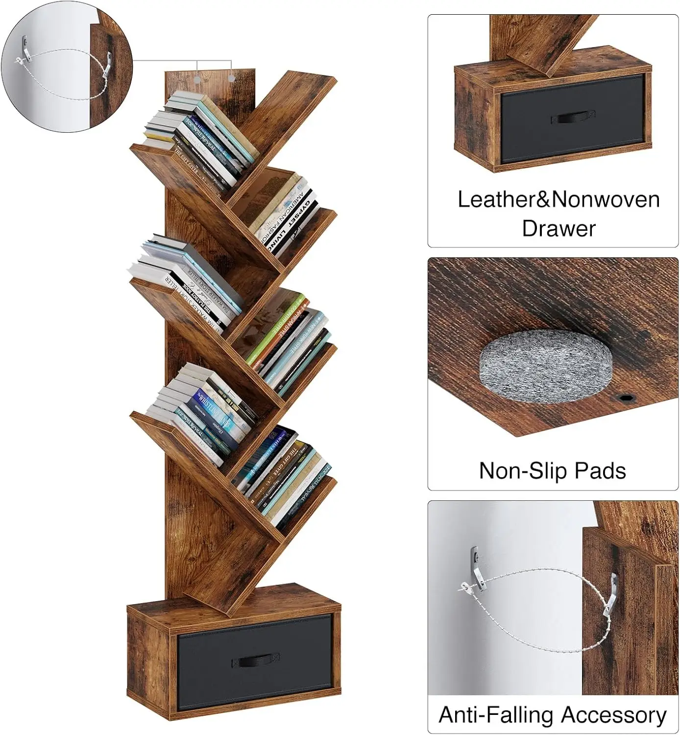 7-Tier Tree Bookshelf with Drawer, Tall Narrow Bookcase for Living Room Bedroom, Rustic Brown Storage Rack