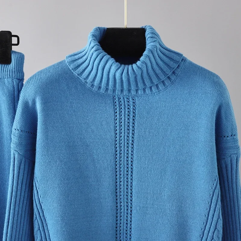 Damen 2-teiliges Set aus Rollkragenpullover und Mantel, Lässige Weite Hose mit Elastischem Bund, Herbst-Winter-Outfit – Detail 14