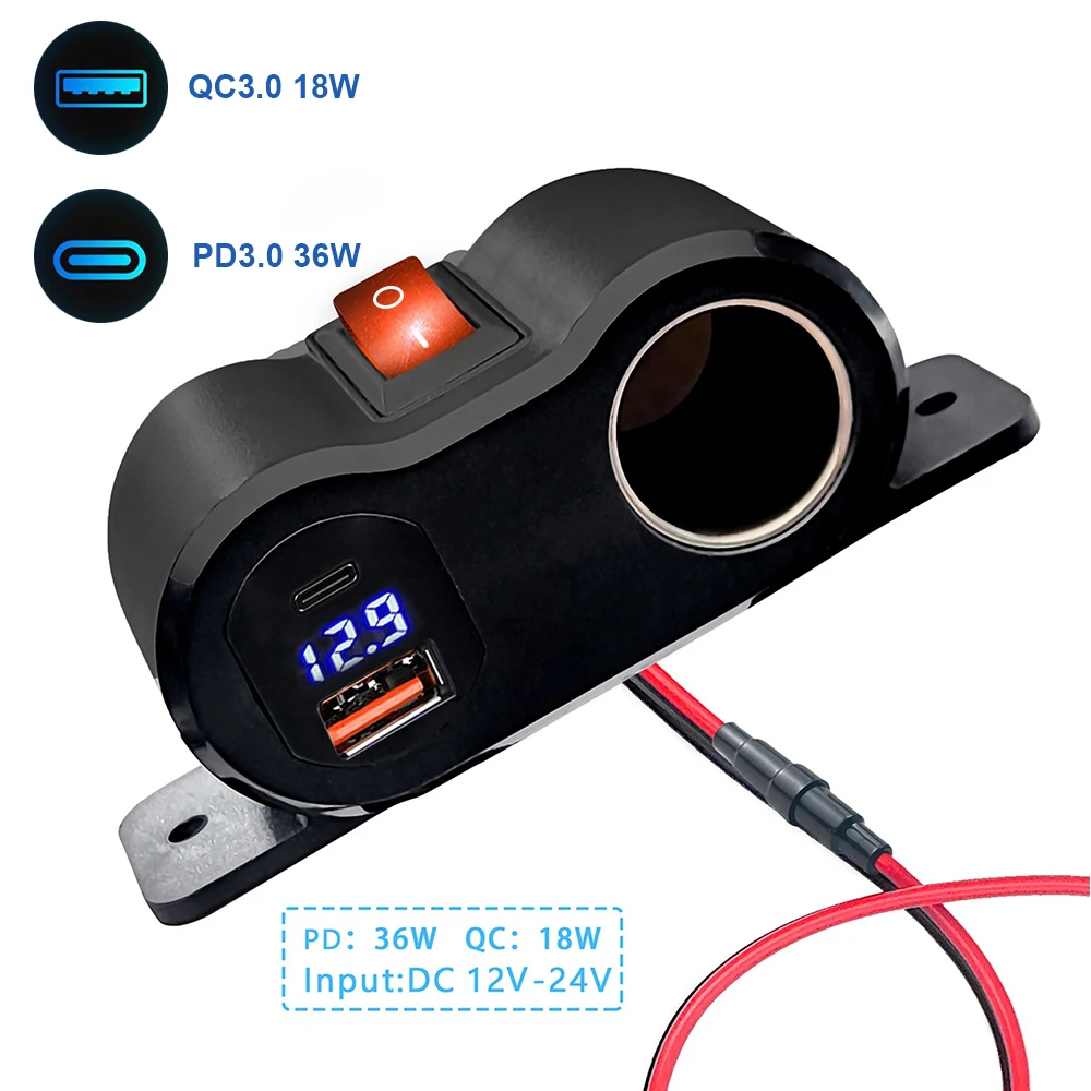 12V/24V Dual QC3.0 USB & PD Type-C Charger Port with Switch Waterproof Cigarette Lighter Socket for Car Motorcycle Marine RV