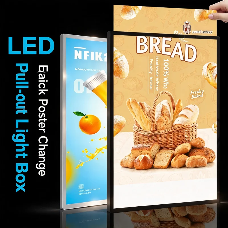 Pull-out LED Light Box Tempered Glass Backlit Menu Poster Display Lightbox Quick Change Poster for Restaurant Cafe Shop
