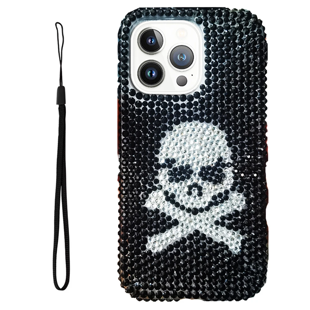 

Luxury Plating Shiny Rhinestone Phone Case For iPhone 11 12 13 15 16 Pro Max Skull Bumper Protector On 14 7 8 Plus Handmade Capa