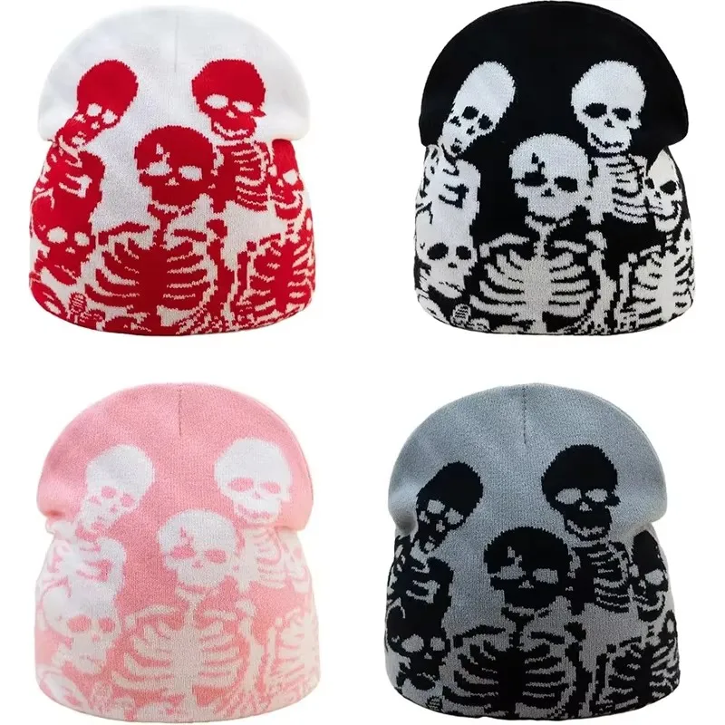 Y2k 2000s Grunge Skeleton Skull Crew Beanie Vintage Skull Knit Hat Black Y2k Knit Skull Black White