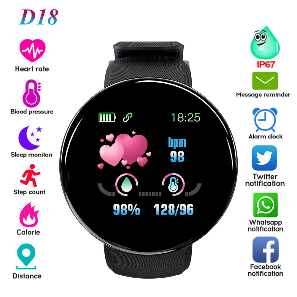 D18 Smart Watch Heart Rate Monitor Men's Women's Smartwatch Round Fitness Digital Watches for Men Women Band Bracelet PK D20 Y68