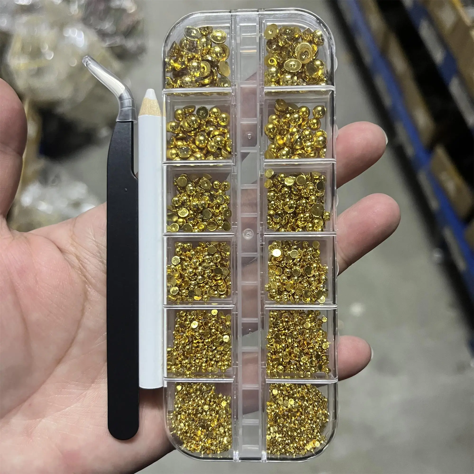 3 Stück/Set 3D Gold Flatback Half Pearls Nail Art Charms Multi-Size Halbrunde Perlen Nail Art Zubehör mit Picker & Pinzette