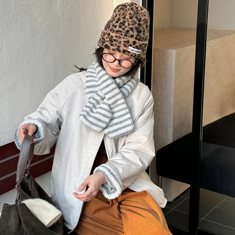 Y2K Korean Double-Sided Cotton-Padded Coats Women Chic Single Breasted Polar Fleece Jackets Stripe Contrast Color Winter Parkas