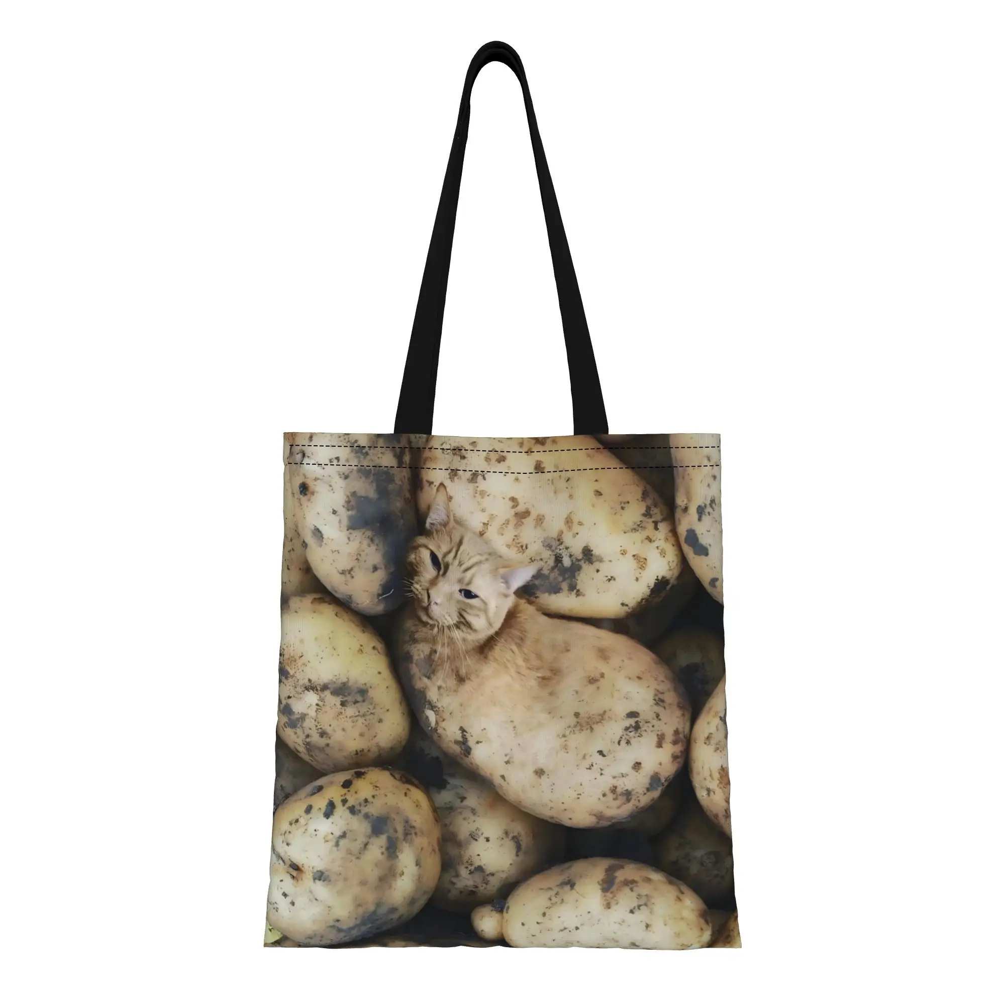 

Orange Cat In Potatoes Creative Collage Food Canvas Tote Bag Perfect for Shopping Women's Top-Handle Bags