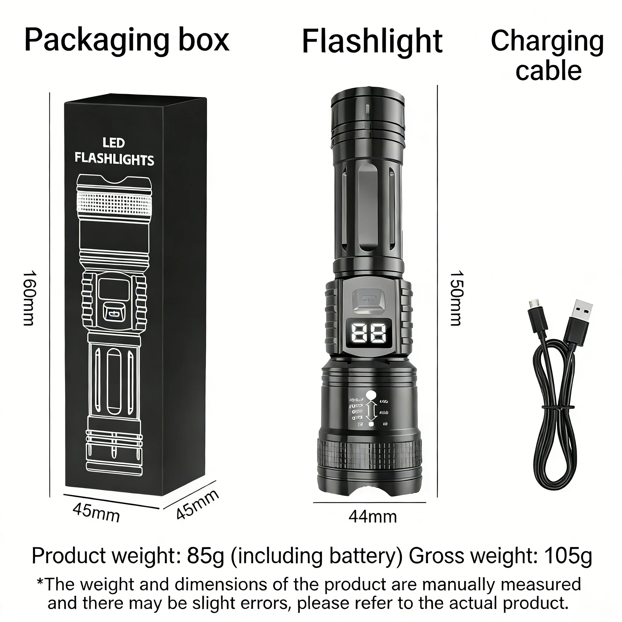 Flashlight Rechargeable USB-C LED Magnetic Red Laser UV Digital Display Zoomable High Power Long Range Emergency Torch