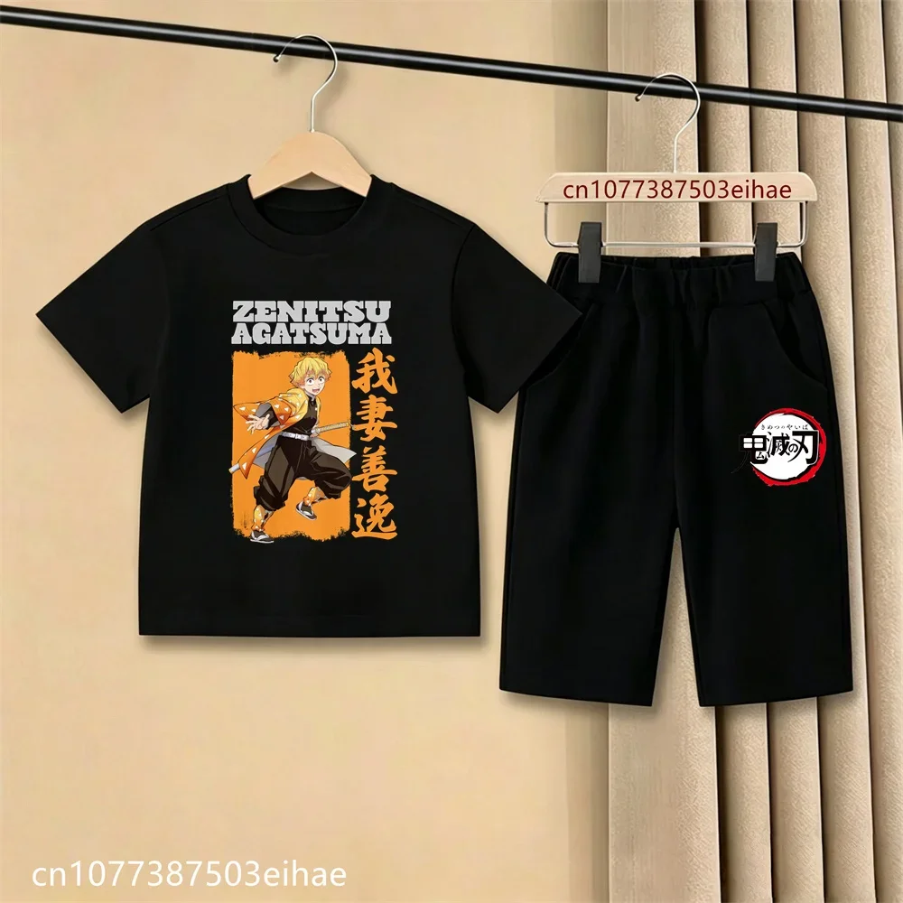 2026 Kids Demon Slayer Anime Ghost Blade Short Sleeve Tee Casual Shorts Set Boys Girls Summer Soft Fabric Daily Fashion Outfit
