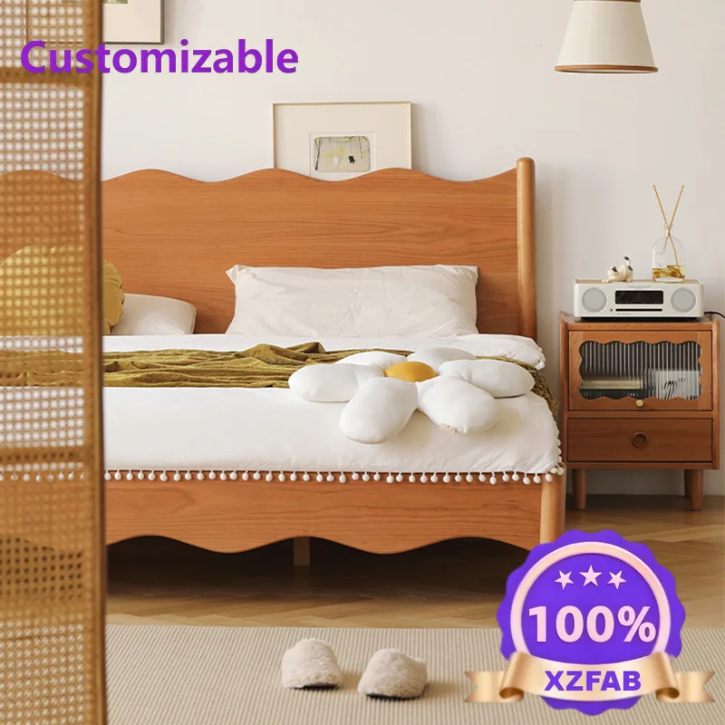 Factory Direct 2026 Solid wood bed cherry wood Japanese-style small apartment retro furniture wavy simple log 1.8 meters double