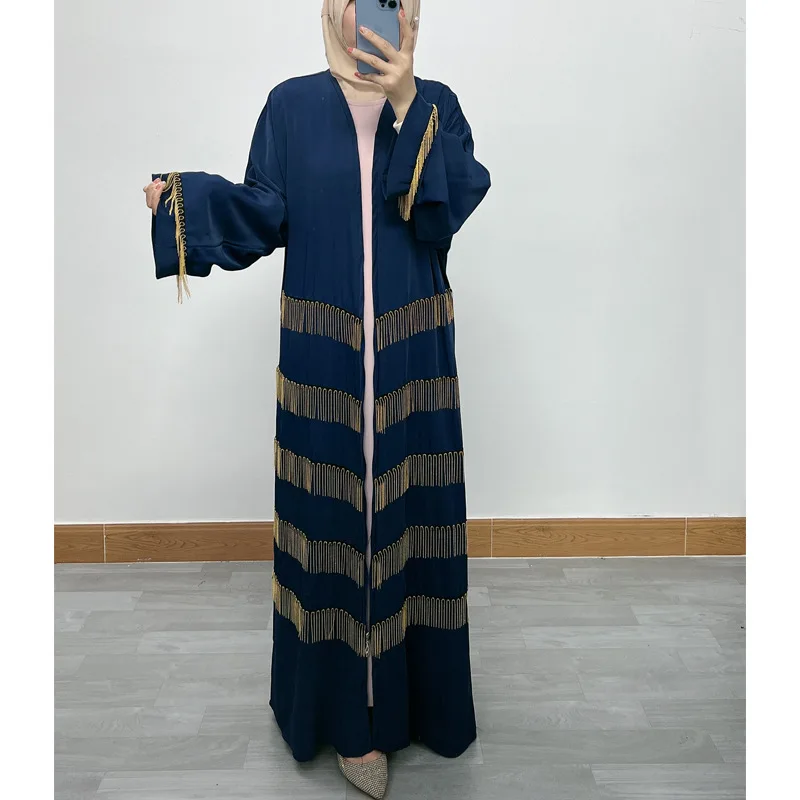 

Embroidered Muslim Swimsuit Fringe Women Abaya Dubai Lace Long Dress Elegant Kaftan Robe