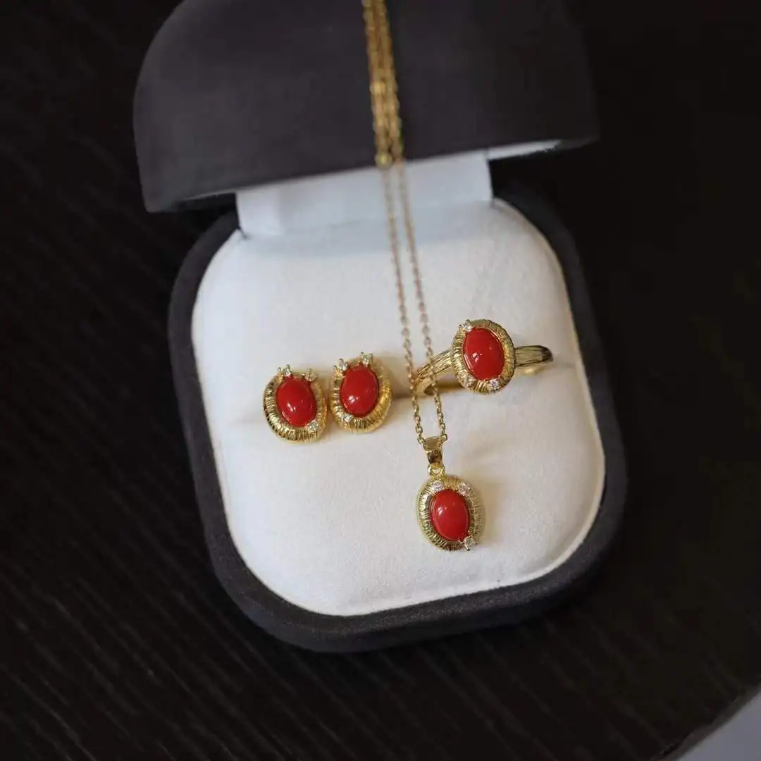 Certified 925 Sterling Silver Natural Red Coral Jewelry Set Retro Rigato Textured Frame Earrings/Ring/Necklace Bijoux Collection
