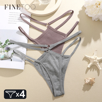 FINETOO 4Pcs Cotton Double Thin Belts Underwear for Women Sexy Low Waist Striped Thongs Ladies Soild Panties Breathable Lingerie