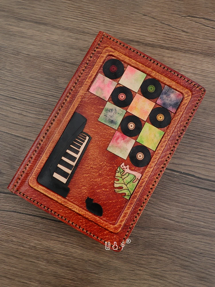 Piano Record Cat Genuine Leather Cover Handmade Notebook Cowhide Loose-leaf Diary A6 Planner Leather Journal