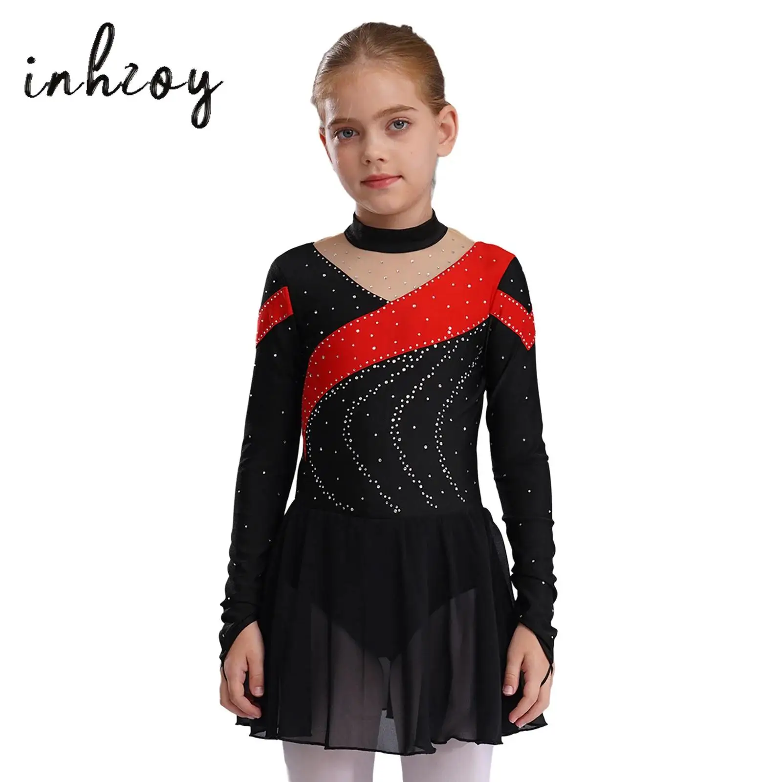 

Rhinestone Figure Ice Skating Dress for Girls Ballet Dance Gymnastics Leotard Tutu Sheer Mesh Splice Dance Performance Costume