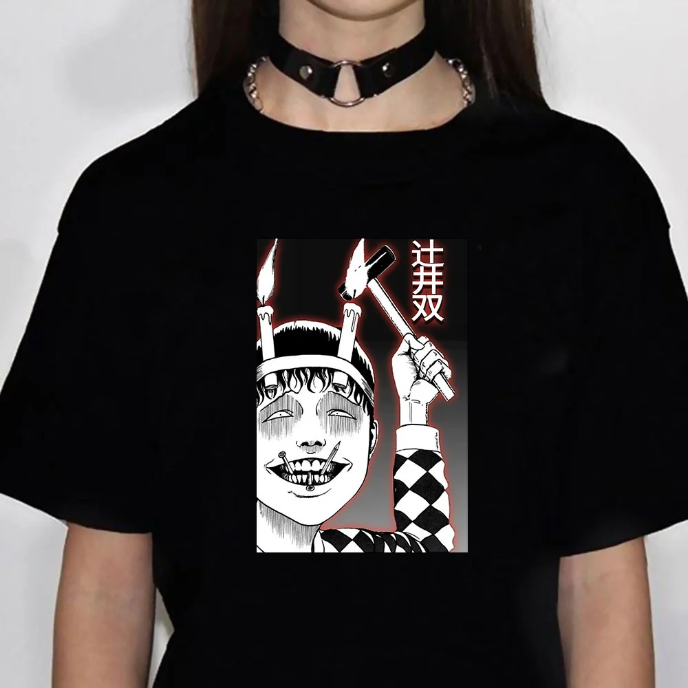 Women Junji Ito top designer t-shirts girl 2000s funny harajuku clothing Printed Women\'s T-shirt Harajuku Short Sleeve Black