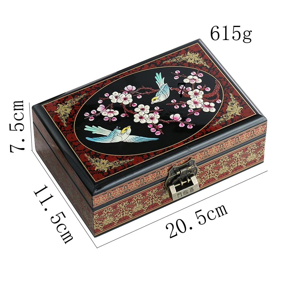 Chinese Magpie Jewelry Box Wooden Double Layer Jewelry Storage Handmade Painted Antique Makeup Case with Mirror Wedding Gift