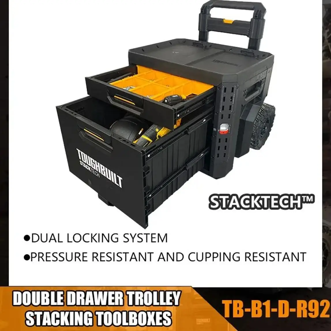 TOUGHBUILT Double drawer pull rod toolbox for electrician maintenance, self-locking trailer box for industrial TB-B1-D-R92