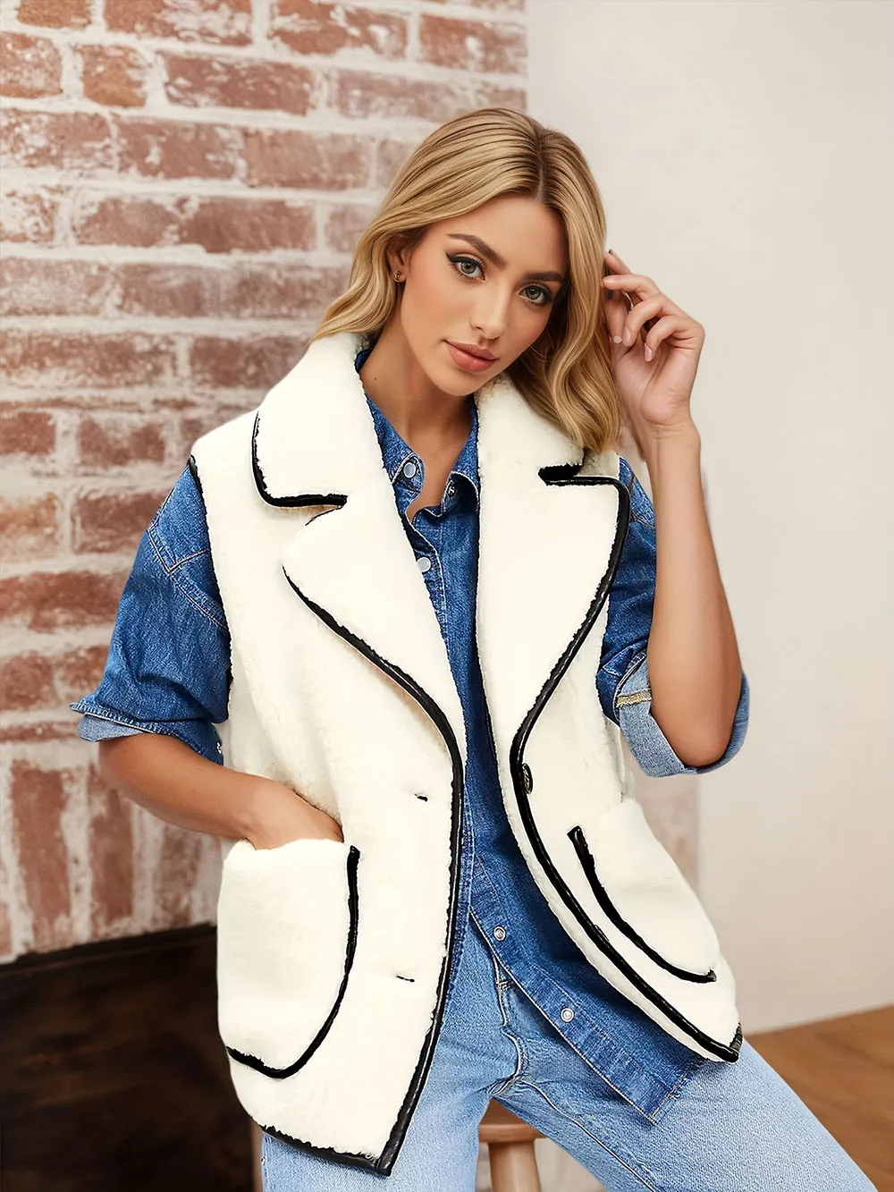 Hot Selling Black White Color Block Lamb Wool Vest Lapel Pocket Sleeveless Coat Casual Style Fashion Waistcoat For Women