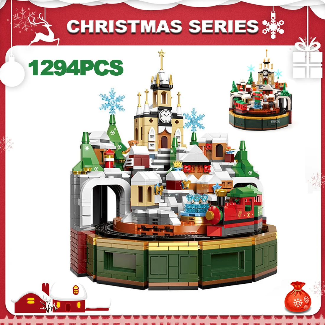 Creative Christmas Series Castle Music Box Building Blocks Street View Train Model Assemble Mini Brick Toys For Kids Adults