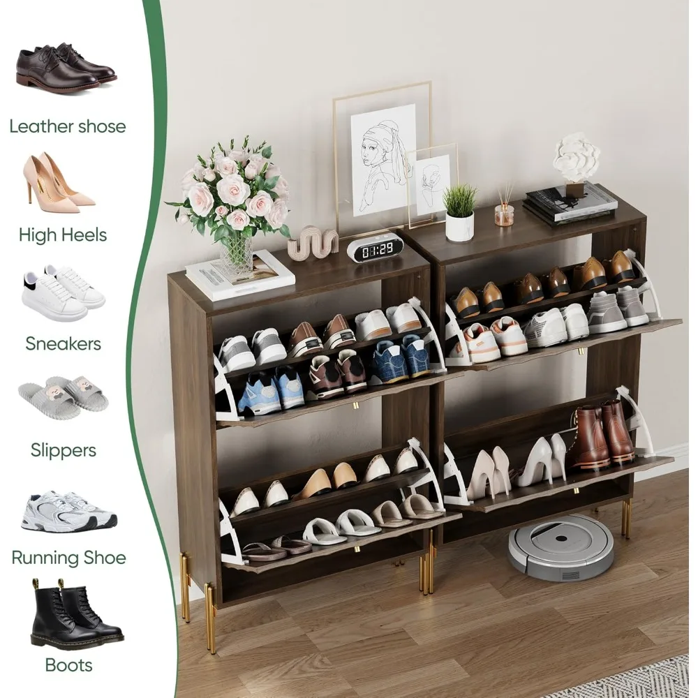 Scarpiera con porte a linee diagonali testurizzate, 2 cassetti ribaltabili, scarpiera stretta in noce per ingresso