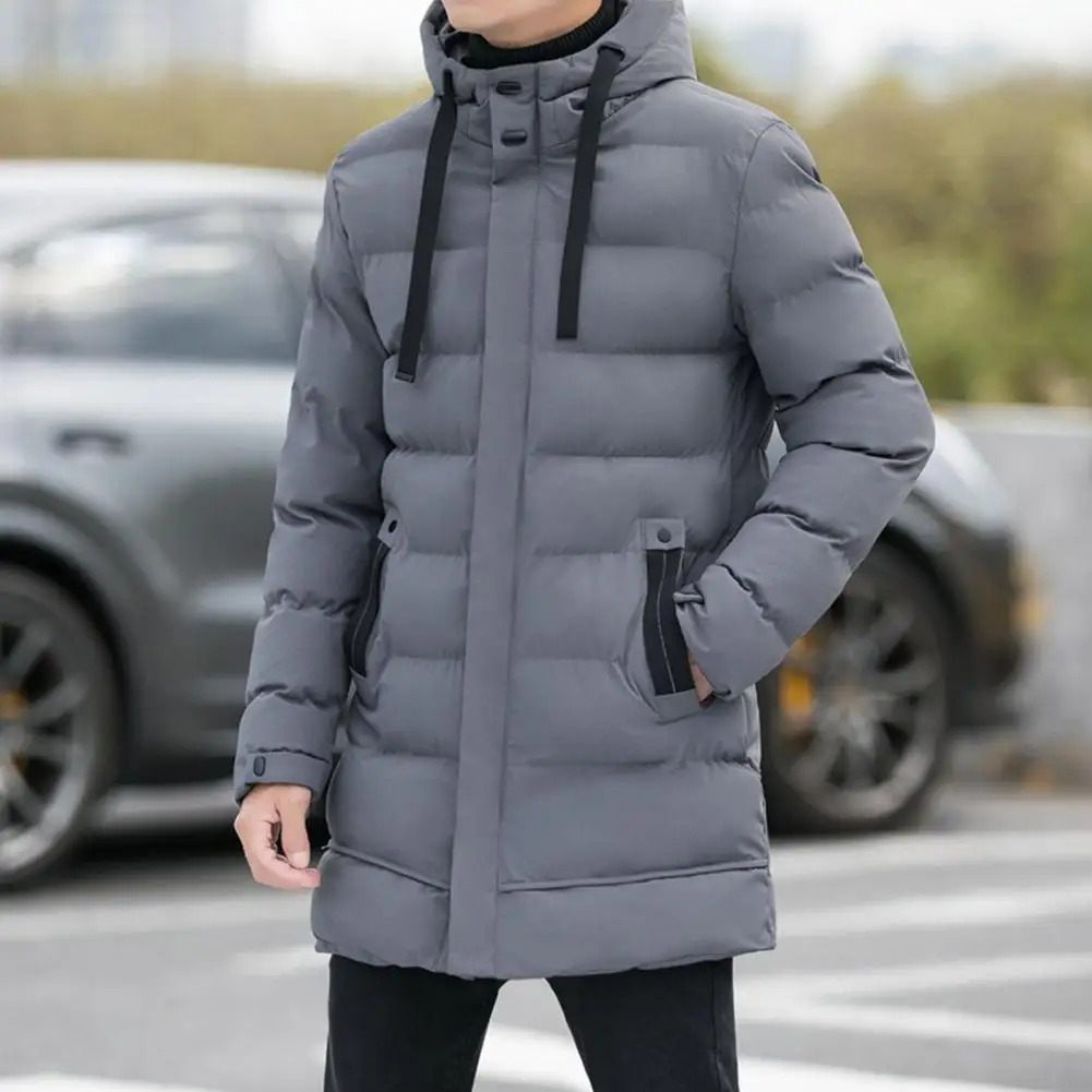 Men Cotton Coat Mid-length Quilted Outwear Men's Hooded Cotton Coat with Drawstring Zipper Placket Pockets Solid for Mid-length