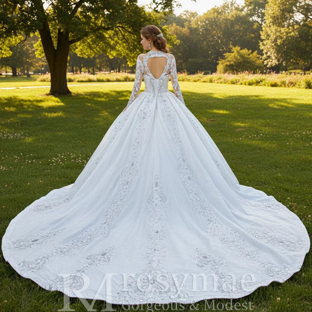 Rosymae High Neck Bridal Gown Luxury Sparkly Modest Wedding Dress robes de mariée