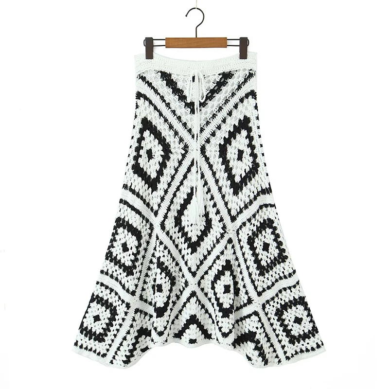 

2025 Boho HolidayVintage Plaid Handmade Crochet Hollow Out Skirt For Women Drawstring High Waist A-line Midi Skirts