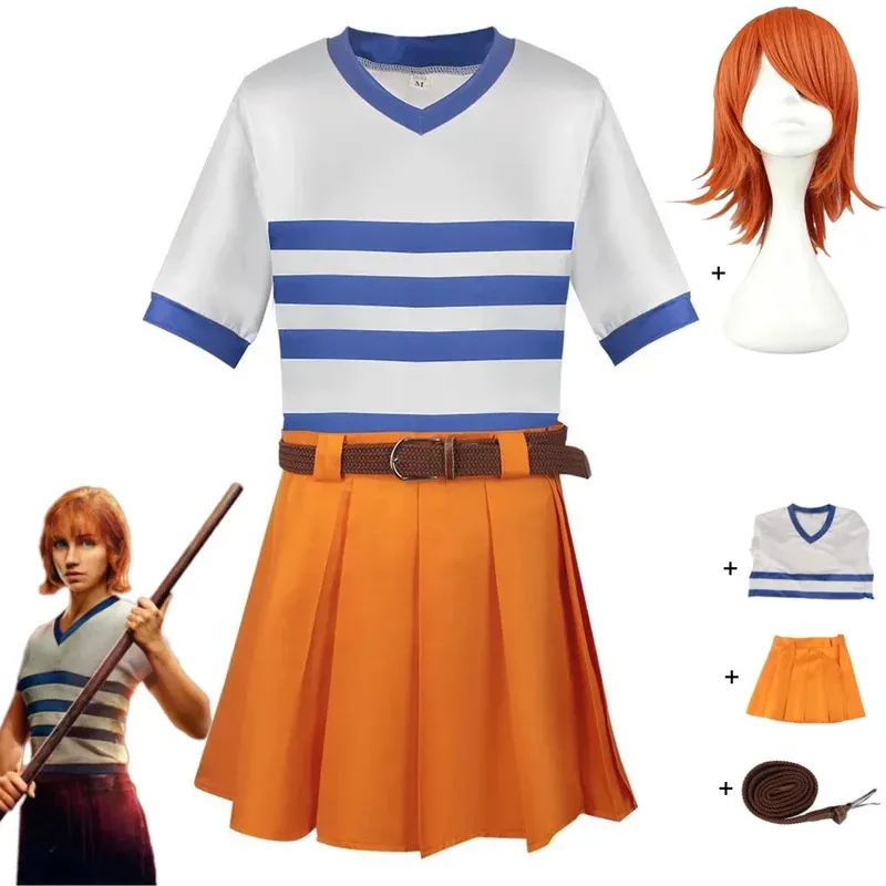 Аниме Live Action Movie Nami Косплей Костюм Wano Kuni Country Футболка в белую полоску Желтая юбка Парик Женский сексуальный костюм на Хэллоуин6;