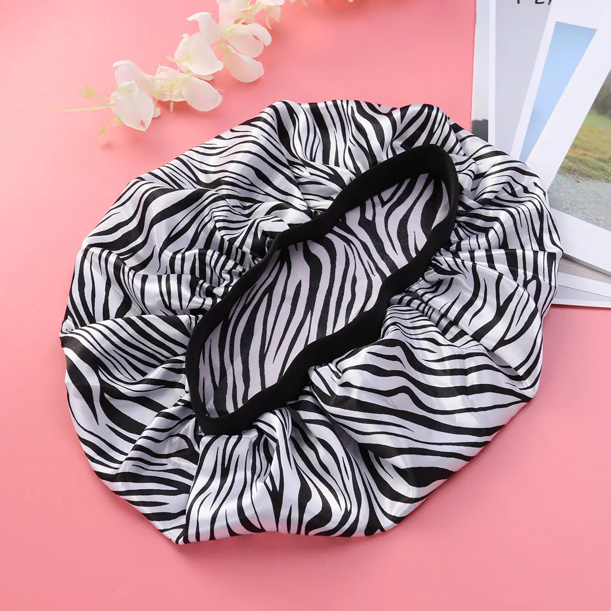 Colorful Satin Sleeping Cap Wide Side Elastic Band Big Size Hair Loss for Women White Stripe