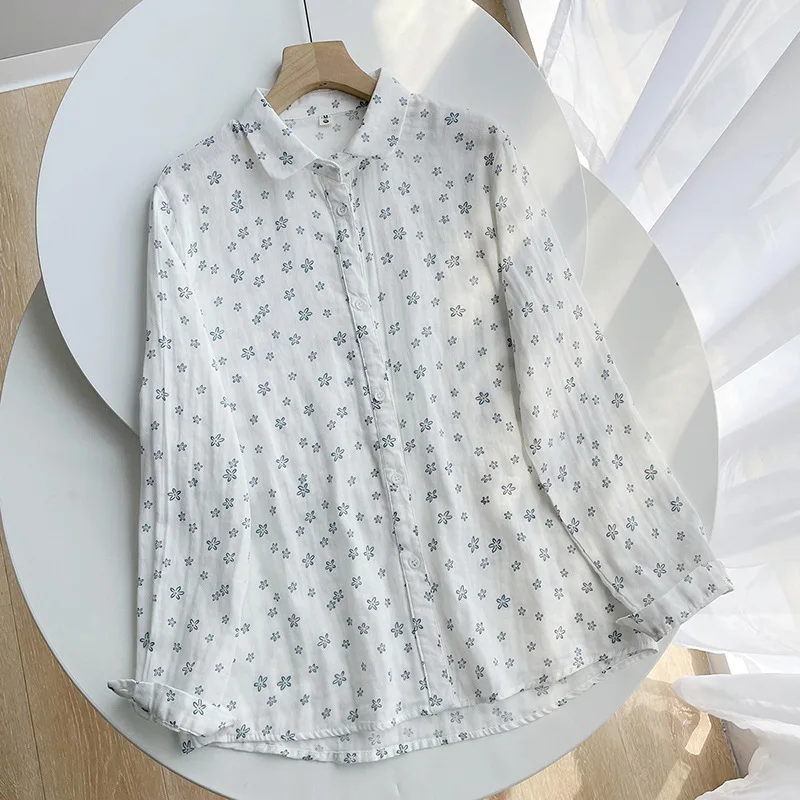 

High Quality Women 100% Cotton Yarn Blouse Shirt Delicate Small Soft and Breathable Long-sleeved Shirts Flower Printed Blouses