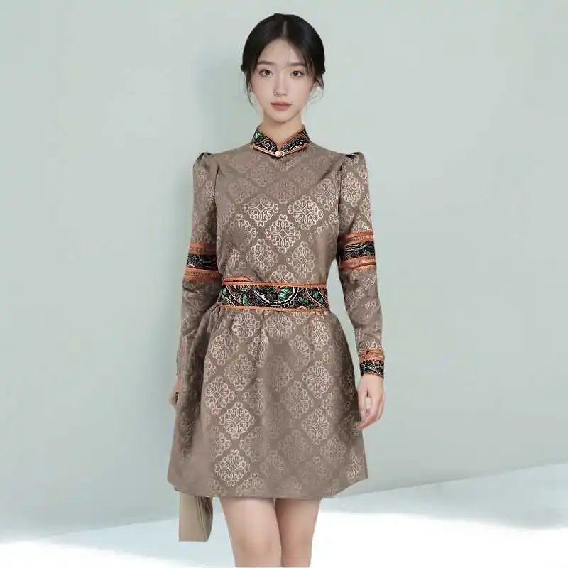 

Mongolian Element Garment Ethnic Style Slim Fit Attire Satin Robe Noble Young Woman Daily Long Sleeve Gown Work Dress FE024
