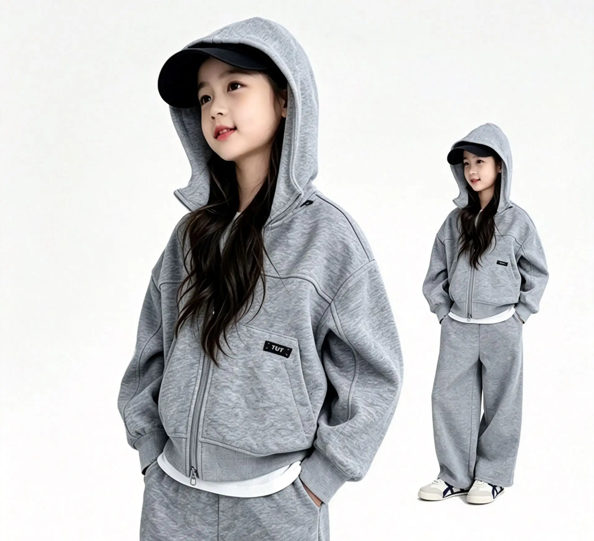 2026 New Gilrs Autumn Winter Teenager Cloth Suit Children Set Jacket Hooded Loose Top + Wied Leg Pant Tracksuit 4 To 12 14 Years
