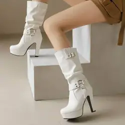 Women's Calf Boots Platform Red White Yellow Belt Buckle High Heels Short Boot Female Autumn Winter Shoes Sexy Large Size 36-46