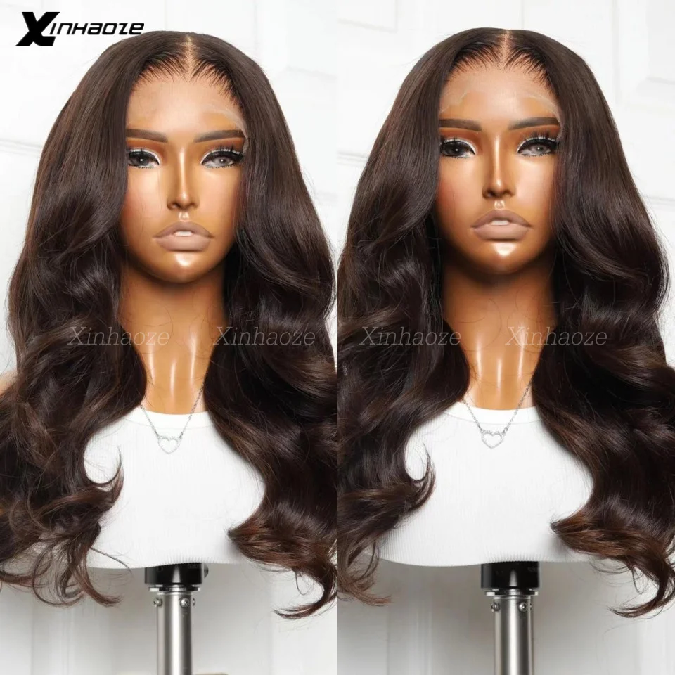 Dark Brown 5x5 Silk Top Transparent Lace Body Wave Brazilian Wave Human Hair 360 Lace Frontal Wigs Pre Plucked For Women