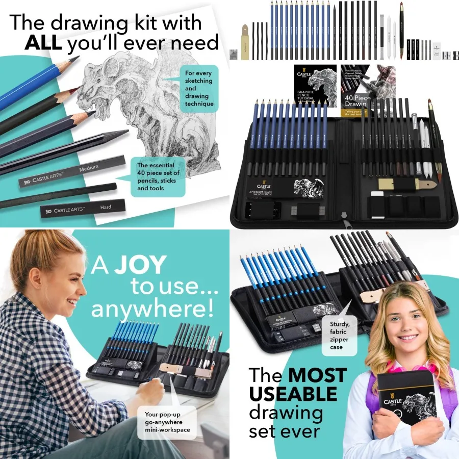 40-Piece Premium Drawing and Sketching Set with Step-by-Step Tutorial for Artists Professionals and Beginners Featuring High-Qu