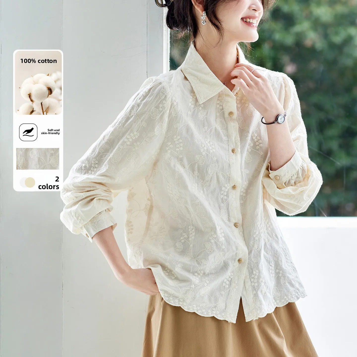 

Ele Pure Cotton Embroidered irt Women's Long Sve Spring Faion New Chinese Sle National Sle Top Women's Embroid...