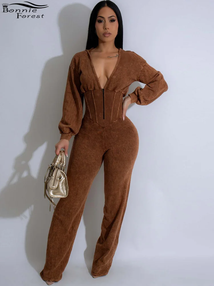 Bonnie Forest Casual Brown Hooded Washed Ribbed Jumpsuits Women Zipper Front Corset Rompers One Piece Outfits Workout Overalls