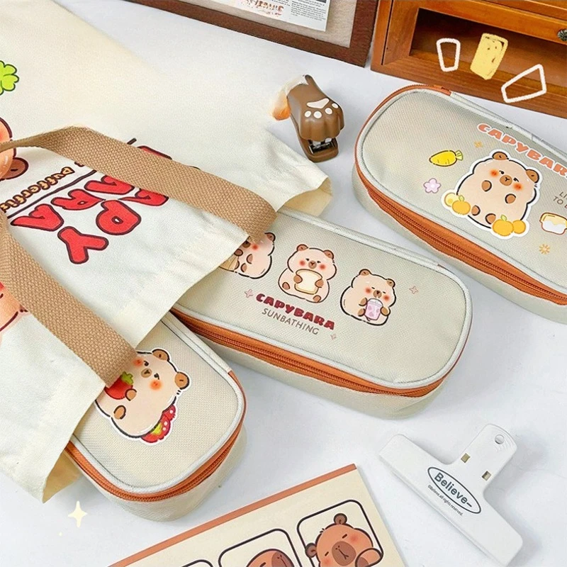 School Supplies Kapibara Canvas Pencil Case Cute Large Capacity Student Simple Pencil  Girl Heart Stationery Box Kawai Gift