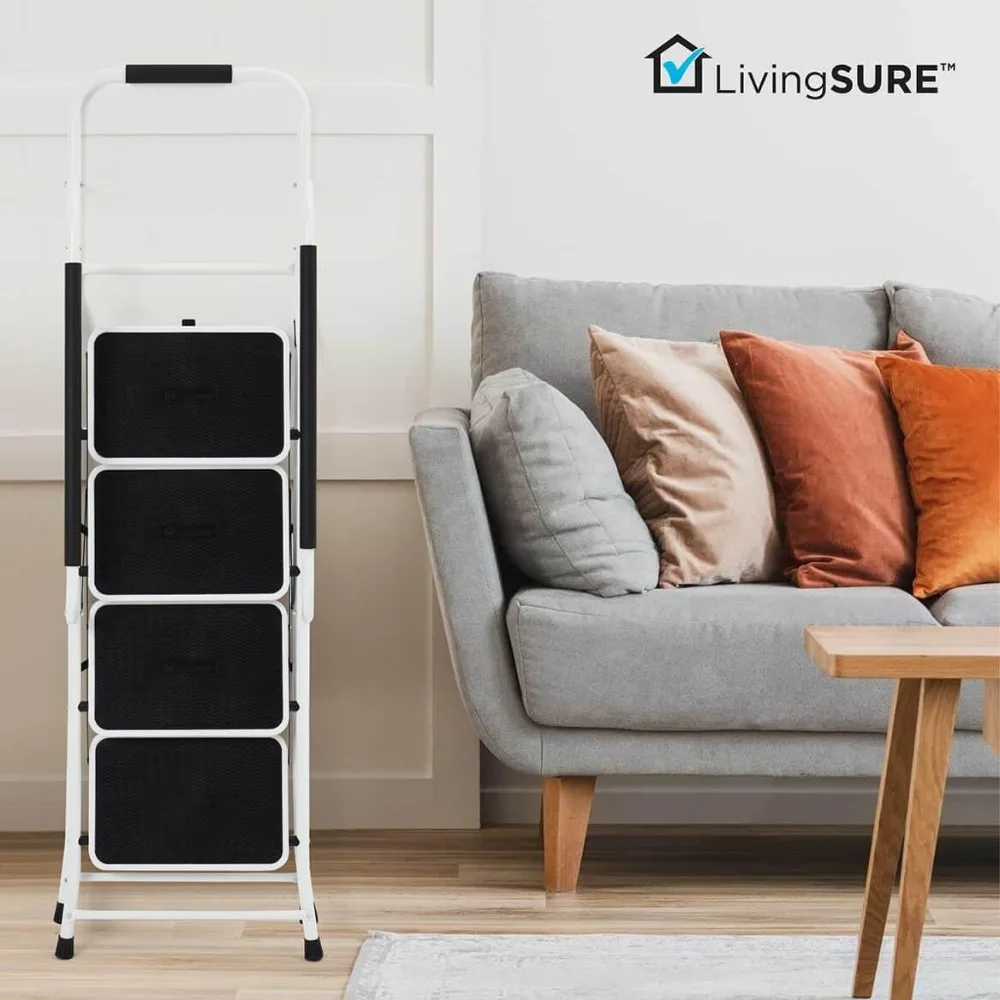 Heavy-Duty Steel Folding Safety Ladder with Anti-Slip Treads and Padded Handrails - Space-Saving Design Ideal for Home and Indus