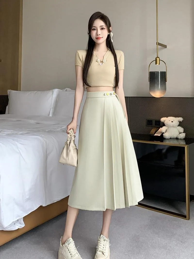 New Fashion Summer Women's Skirt Chinese Style Elegant Loose Retro High Waist Slim Solid Color Pleated Suit Skirts Office Lady