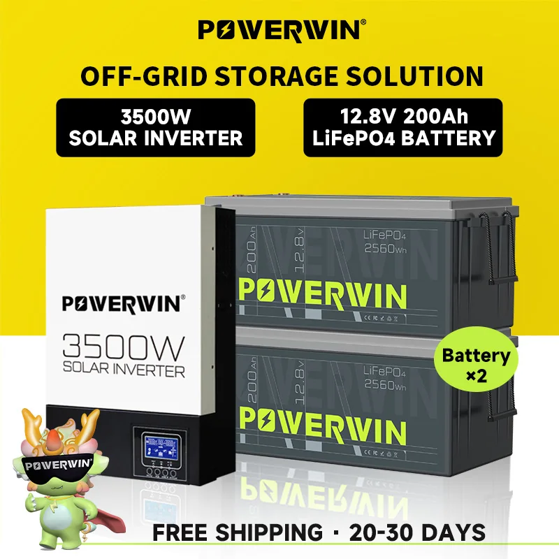 POWERWIN BT200 LifePO4 12V 200Ah/2560Wh HI3500 Hybrid Solar 3500W 24V Pure Sine Wave 100A MPPT Off-grid LCD 24V Battery